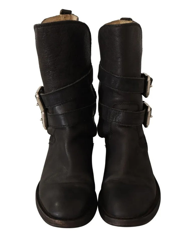 Schwarzes Leder Schnalle Mid Calf Stiefel Schuhe