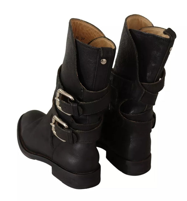 Schwarzes Leder Schnalle Mid Calf Stiefel Schuhe