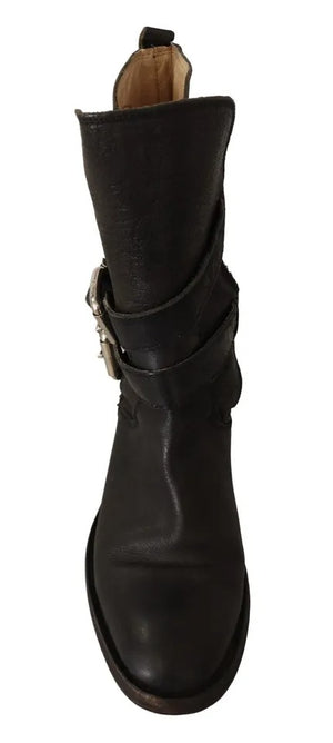 Schwarzes Leder Schnalle Mid Calf Stiefel Schuhe