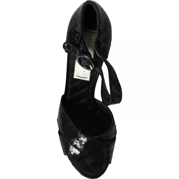 Schwarz Pailletten Knöchelriemen Heels Sandalen Schuhe