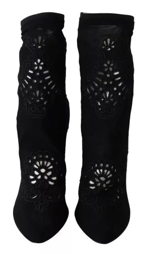 Schwarz Stretch Pumps Stiefel Floral Spitze Schuhe