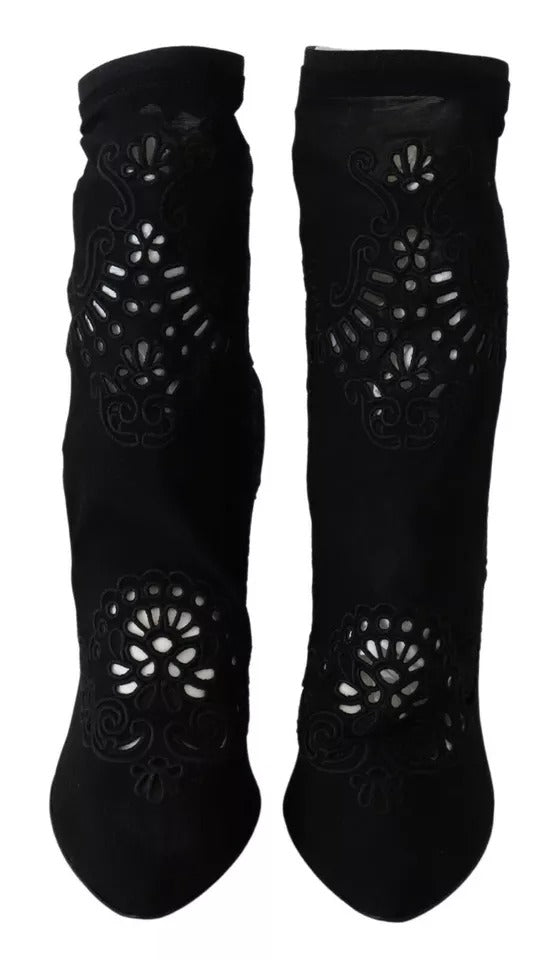 Schwarz Stretch Pumps Stiefel Floral Spitze Schuhe