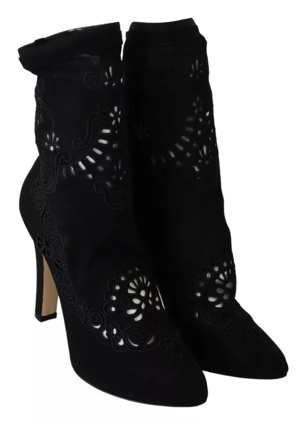 Schwarz Stretch Pumps Stiefel Floral Spitze Schuhe