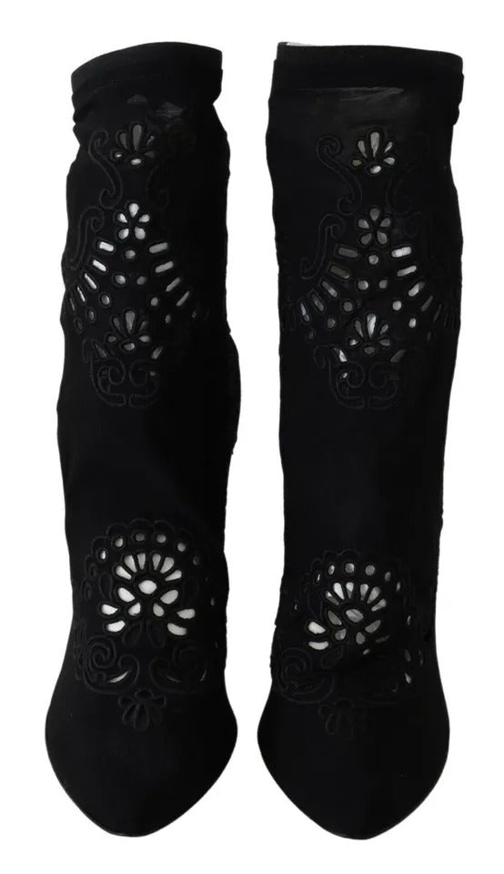 Schwarz Stretch Pumps Stiefel Floral Spitze Schuhe