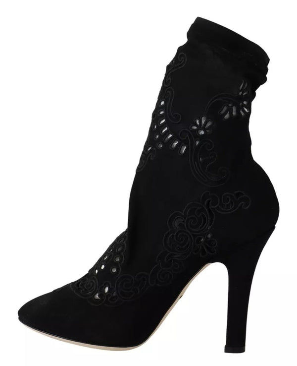 Schwarz Stretch Pumps Stiefel Floral Spitze Schuhe