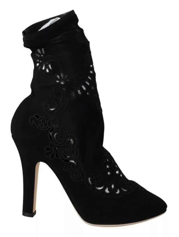 Schwarz Stretch Pumps Stiefel Floral Spitze Schuhe