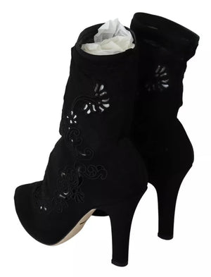 Schwarz Stretch Pumps Stiefel Floral Spitze Schuhe