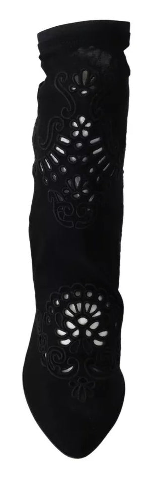 Schwarz Stretch Pumps Stiefel Floral Spitze Schuhe