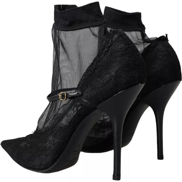 Schwarz Tüll Stretch Stiefel Pumps Schuhe
