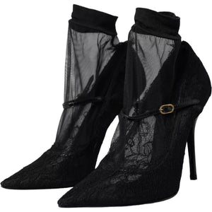 Schwarz Tüll Stretch Stiefel Pumps Schuhe