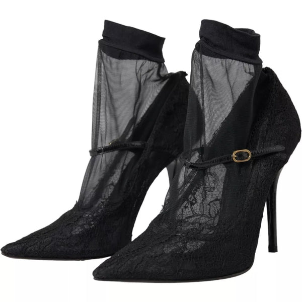 Schwarz Tüll Stretch Stiefel Pumps Schuhe