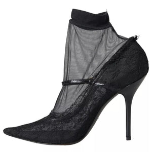 Schwarz Tüll Stretch Stiefel Pumps Schuhe