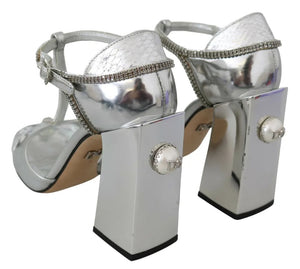 Silberne Kristalle T-Riemen Sandalen Lederschuhe
