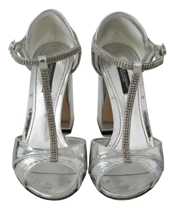 Silberne Kristalle T-Riemen Sandalen Lederschuhe