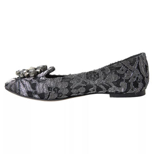 Graue Schwarze Spitze Kristall Ballett Loafers Schuhe