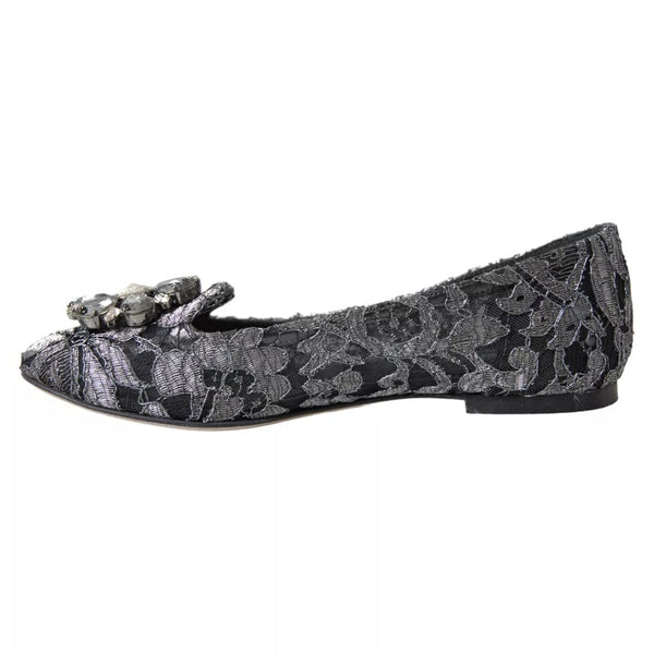 Graue Schwarze Spitze Kristall Ballett Loafers Schuhe