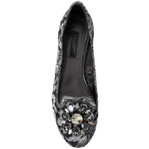 Graue Schwarze Spitze Kristall Ballett Loafers Schuhe