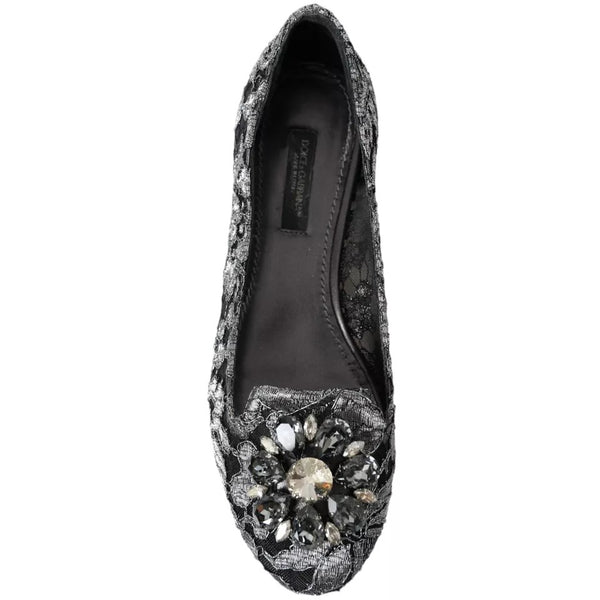 Graue Schwarze Spitze Kristall Ballett Loafers Schuhe