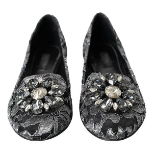 Graue Schwarze Spitze Kristall Ballett Loafers Schuhe
