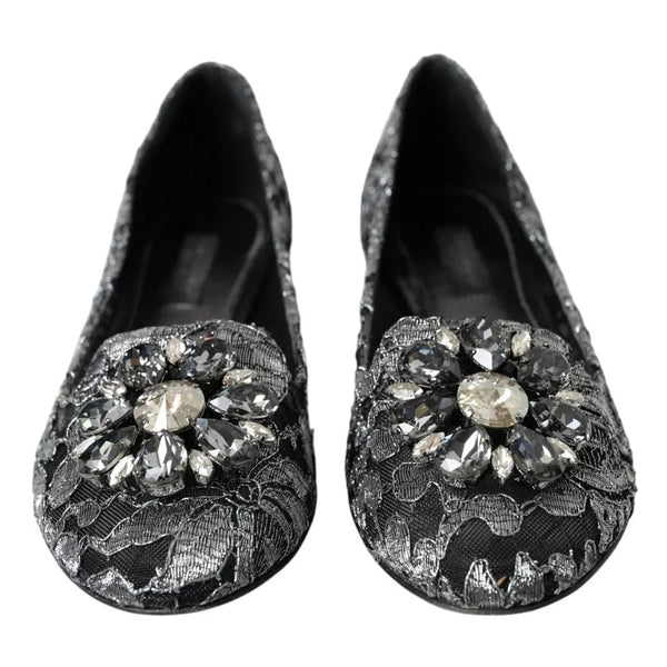 Graue Schwarze Spitze Kristall Ballett Loafers Schuhe