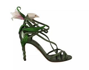 Acid Grün Leder Riemchen Blume Heels Sandalen Schuhe