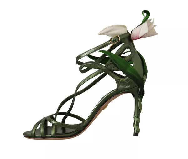 Acid Grün Leder Riemchen Blume Heels Sandalen Schuhe