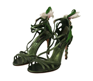 Acid Grün Leder Riemchen Blume Heels Sandalen Schuhe