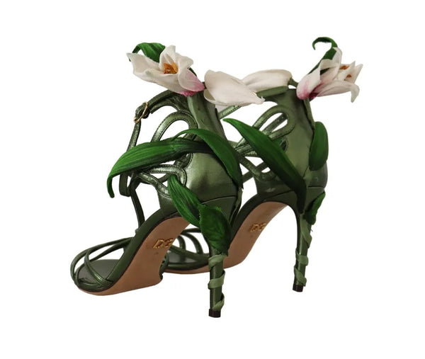 Acid Grün Leder Riemchen Blume Heels Sandalen Schuhe