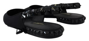 Schwarze Flats Kristall Slingback Charmeuse Schuhe