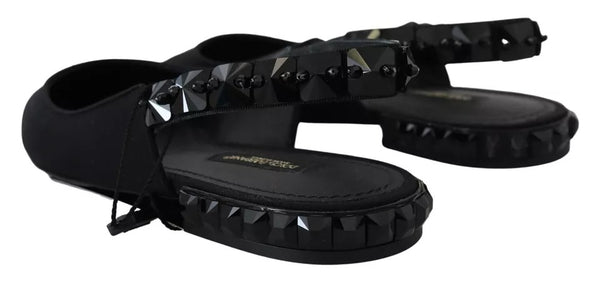 Schwarze Flats Kristall Slingback Charmeuse Schuhe