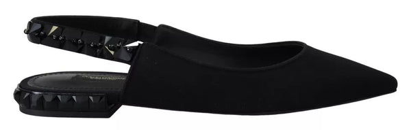 Schwarze Flats Kristall Slingback Charmeuse Schuhe