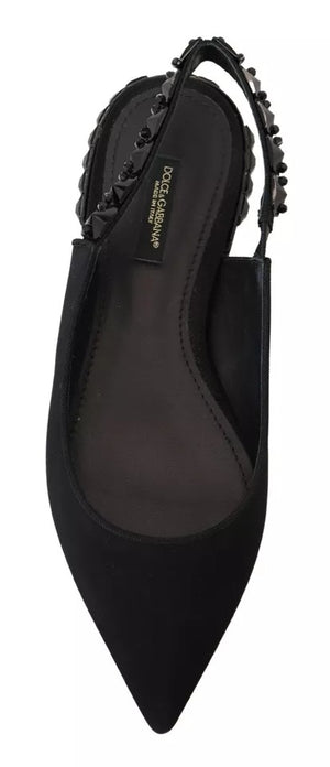 Schwarze Flats Kristall Slingback Charmeuse Schuhe