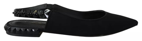 Schwarze Flats Kristall Slingback Charmeuse Schuhe