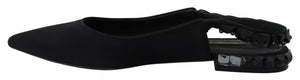 Schwarze Flats Kristall Slingback Charmeuse Schuhe