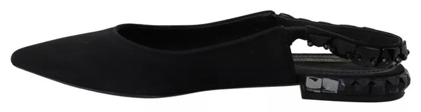 Schwarze Flats Kristall Slingback Charmeuse Schuhe