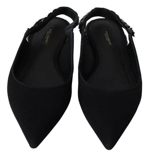 Schwarze Flats Kristall Slingback Charmeuse Schuhe