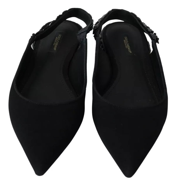 Schwarze Flats Kristall Slingback Charmeuse Schuhe