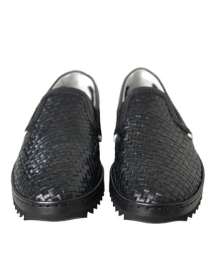 Schwarz gewebtes Büffelleder Herren Loafers Schuhe