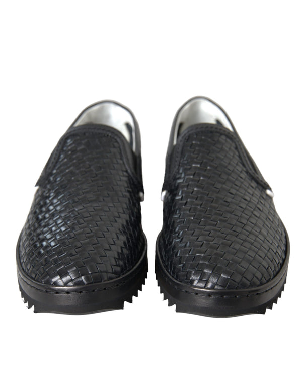 Schwarz gewebtes Büffelleder Herren Loafers Schuhe