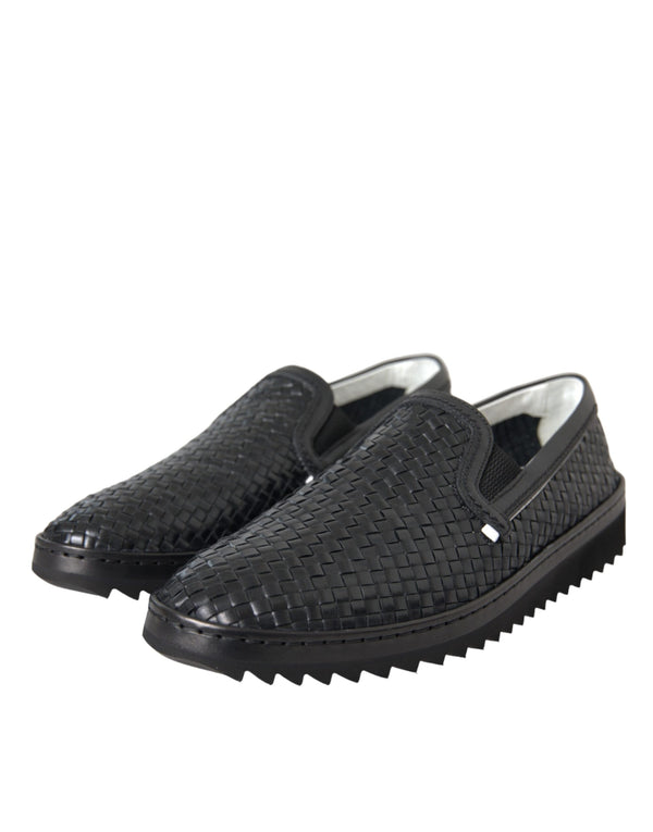 Schwarz gewebtes Büffelleder Herren Loafers Schuhe