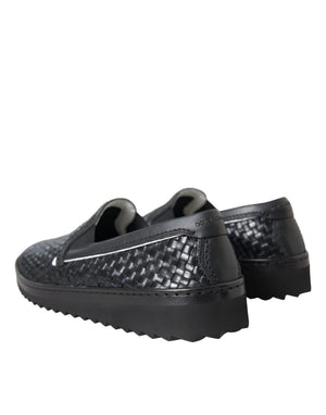 Schwarz gewebtes Büffelleder Herren Loafers Schuhe