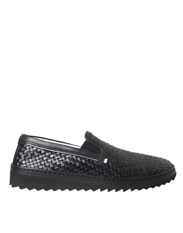 Schwarz gewebtes Büffelleder Herren Loafers Schuhe