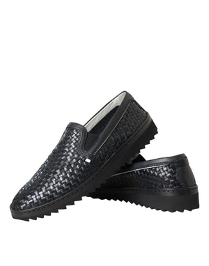 Schwarz gewebtes Büffelleder Herren Loafers Schuhe