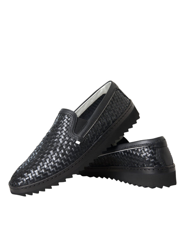 Schwarz gewebtes Büffelleder Herren Loafers Schuhe