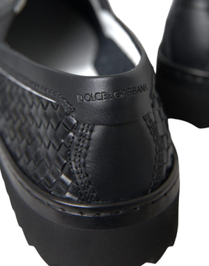 Schwarz gewebtes Büffelleder Herren Loafers Schuhe