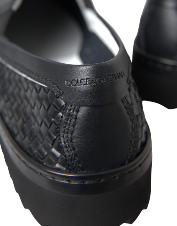 Schwarz gewebtes Büffelleder Herren Loafers Schuhe