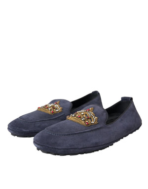 Blaue Leder Wildleder Crystal Crown Loafers Schuhe
