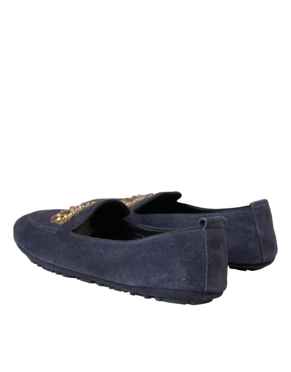 Blaue Leder Wildleder Crystal Crown Loafers Schuhe