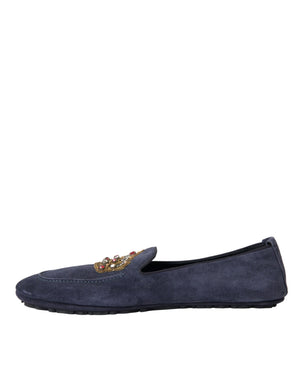 Blaue Leder Wildleder Crystal Crown Loafers Schuhe