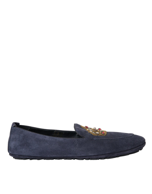 Blaue Leder Wildleder Crystal Crown Loafers Schuhe